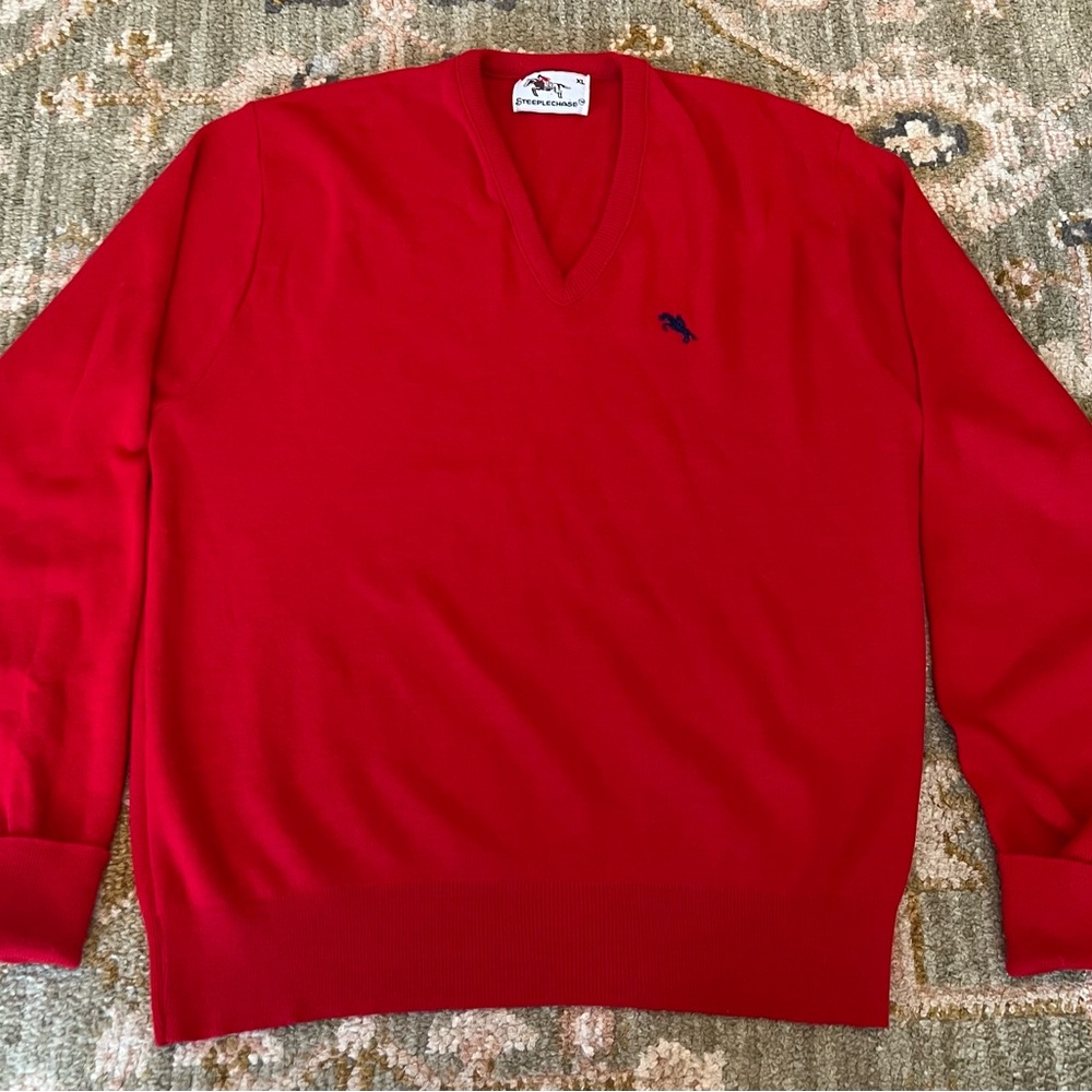 Steeplechase Mens V-neck Sweater Vintage Men Size XL Red 100% Orlon Acrylic‎